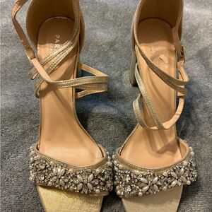 Paradox London Hira Gold Bejeweled beaded strap box heels